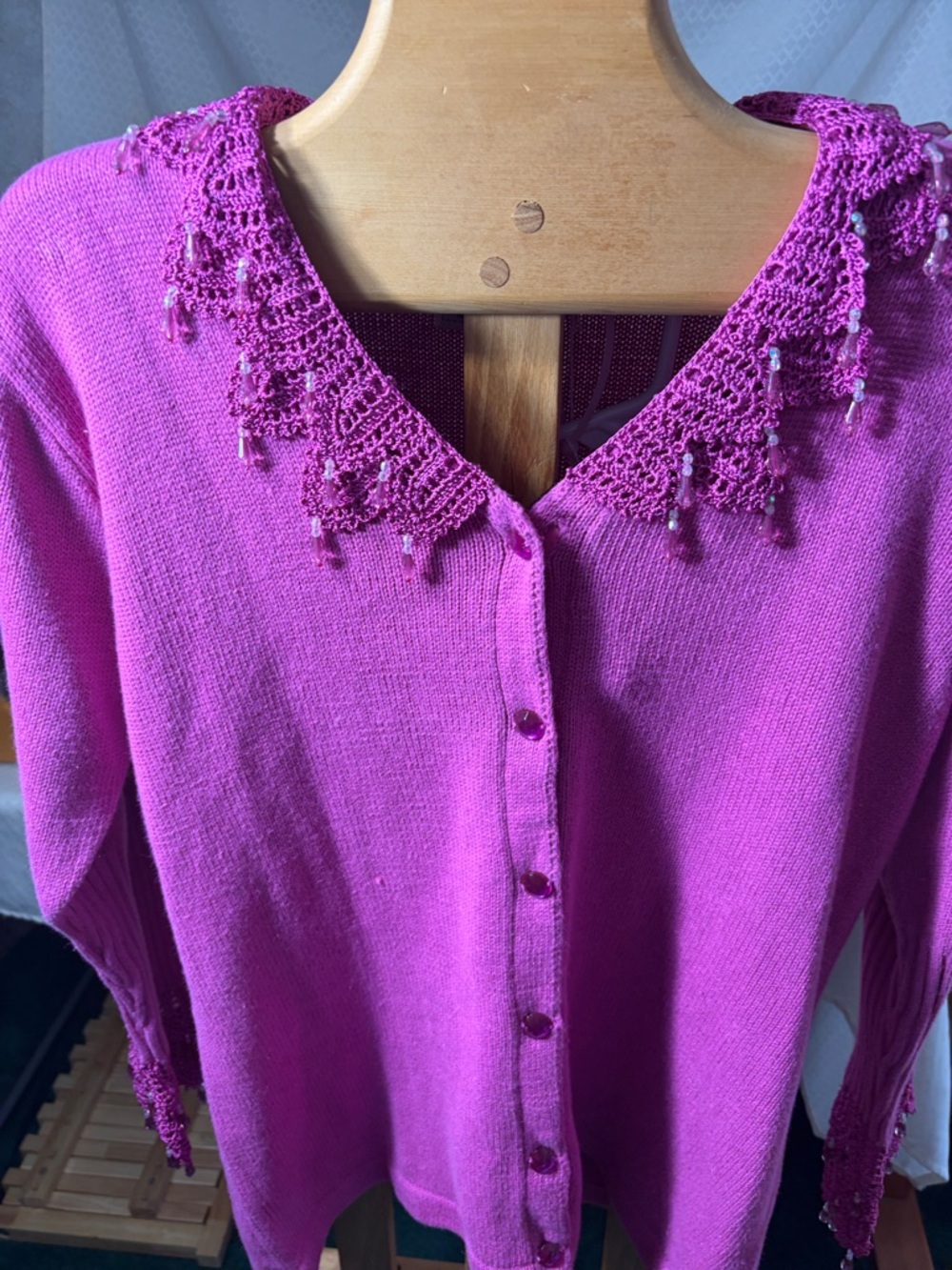 Storybook Knits Pink Beaded Crochet Collar Cardigan